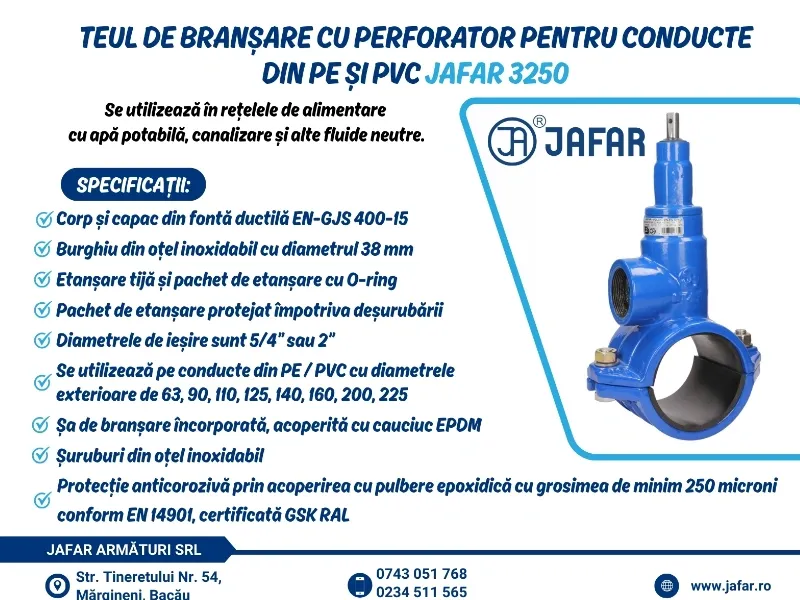 Teu de branșare cu perforator pentru conducte din PE și PVC JAFAR 3250
