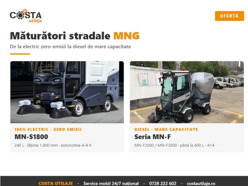 Măturători stradale MNG — de la electric zero-emisii la diesel de mare capacitate