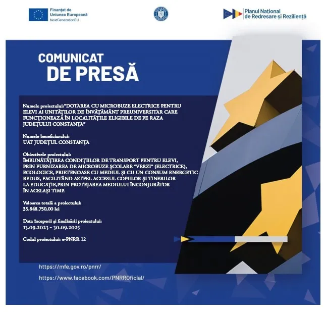 Proiect finanțat în cadrul PNRR: Fonduri pentru România modernă și reformată