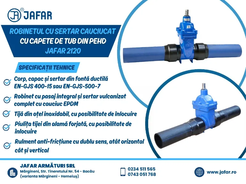 Robinet cu sertar cauciucat cu capete de tub din PEHD JAFAR 2120