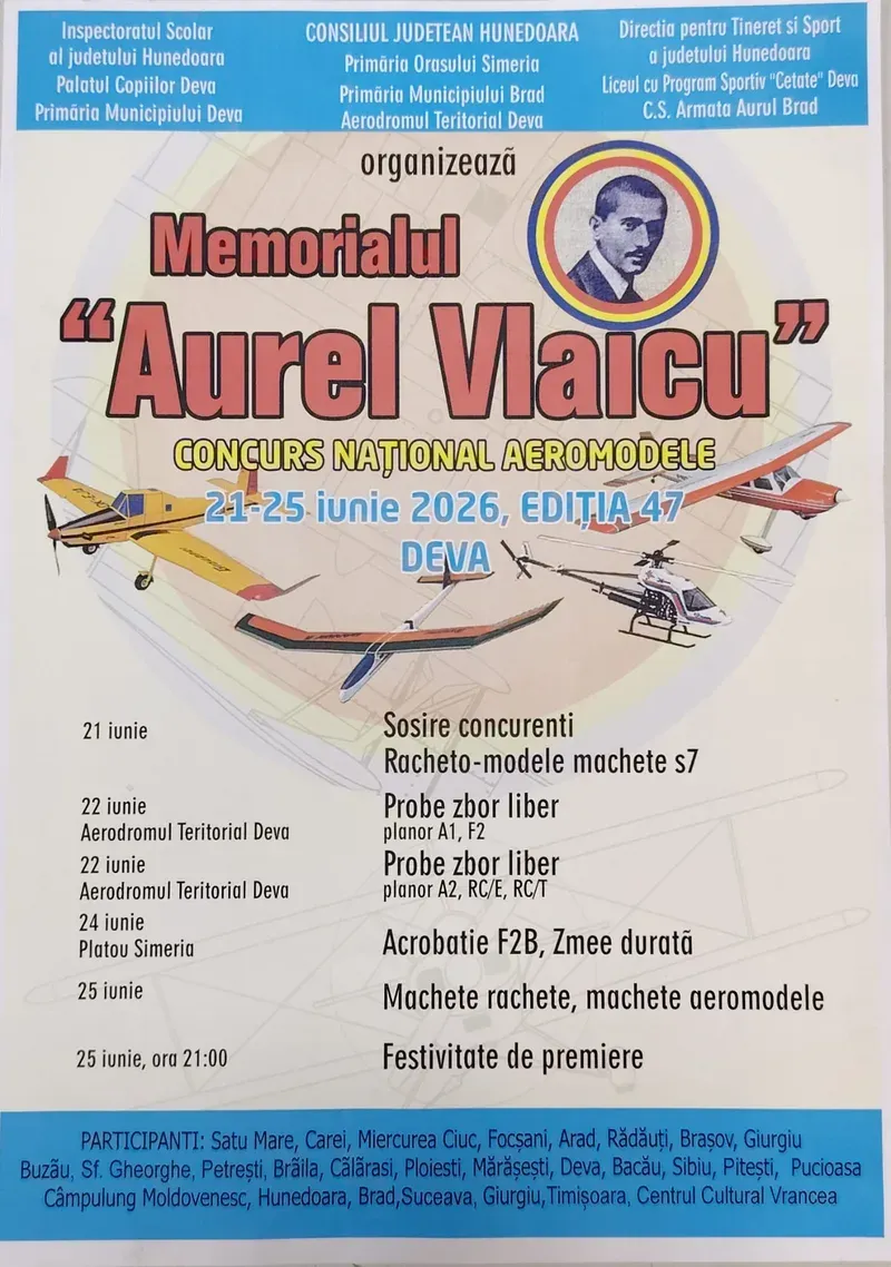 „Memorialul Aurel Vlaicu – 2026”: competiție națională de aeromodele la Deva și Simeria (21–25 iunie 2026)
