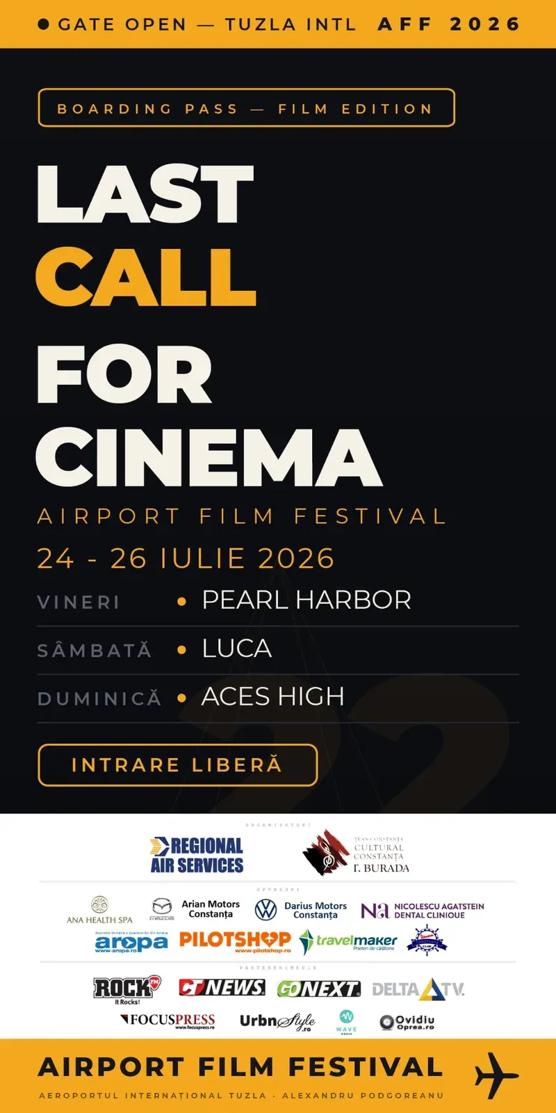 Airport Film Festival 2026 la Aeroportul Internațional Tuzla „Alexandru Podgoreanu” — proiecții în aer liber, 24–26 iulie