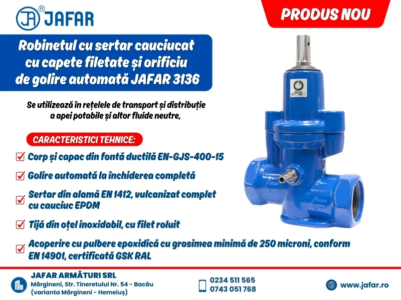 Robinetul cu sertar cauciucat, cu capete filetate și orificiu de golire automată JAFAR 3136