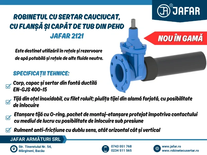 Robinet cu sertar cauciucat, cu flanșă și capăt de tub din PEHD JAFAR 2121