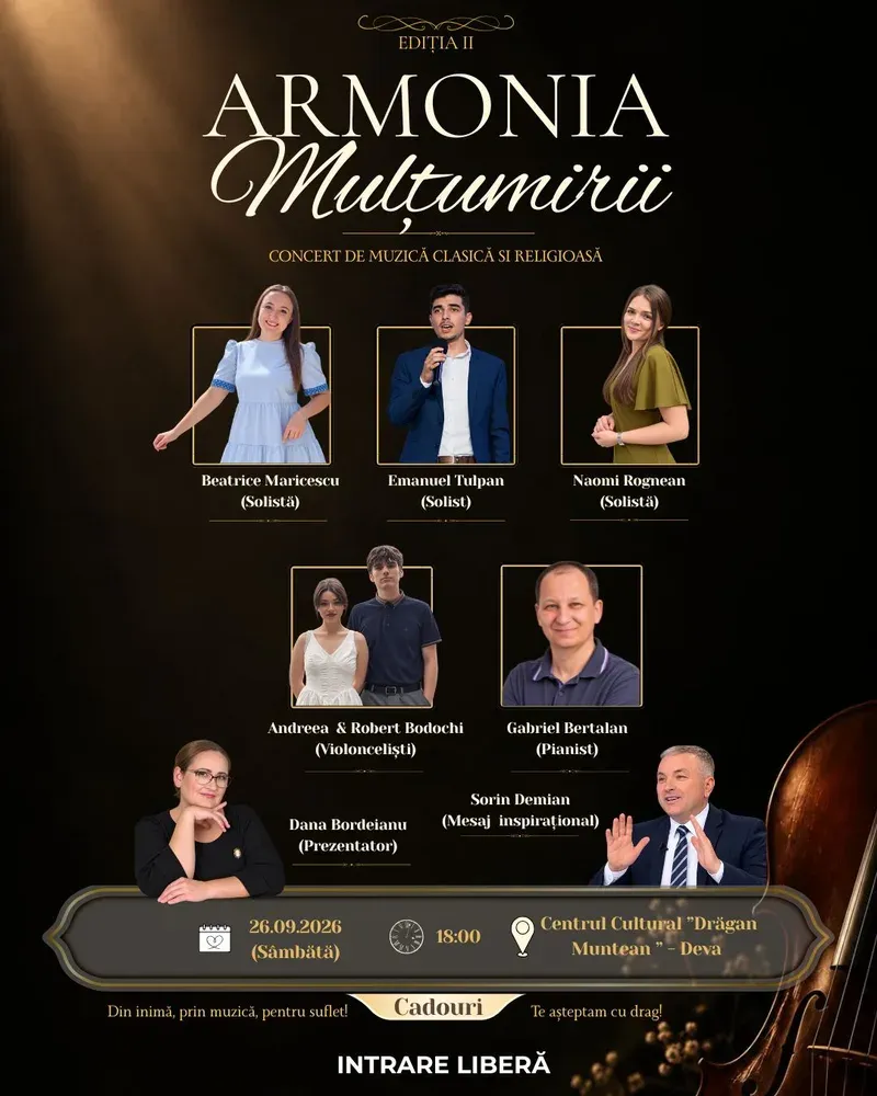 „Armonia Mulțumirii”, concert la Centrul Cultural „Drăgan Muntean” Deva — 26 septembrie 2026