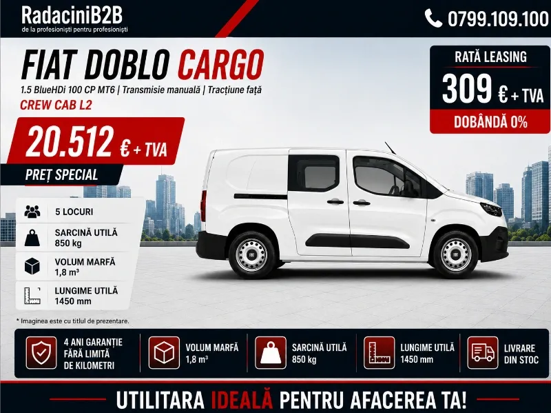 FIAT Doblò Crew Cab L2 – 1.5 BlueHDi, 100 CP , 5 locuri, N1