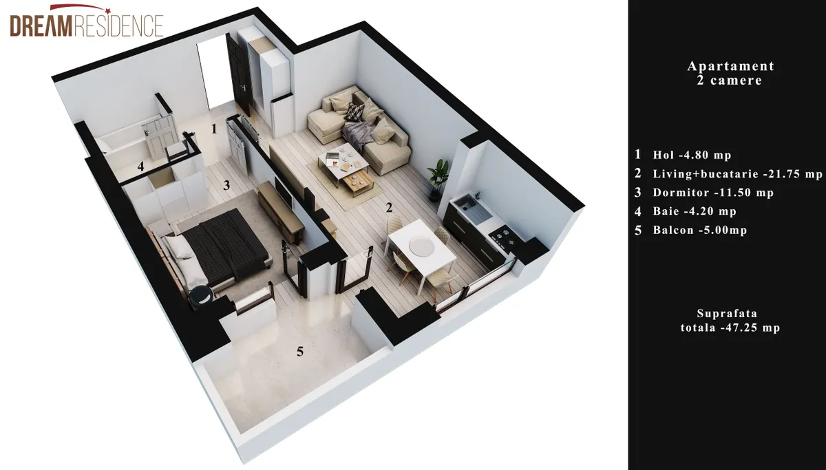 Apartament 2 camere, 47 mp