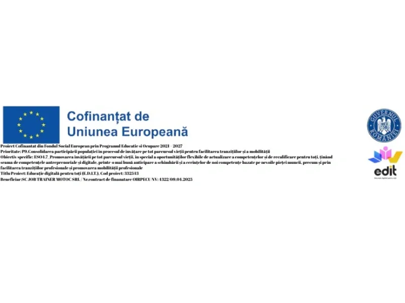 ANUNȚ CĂTRE ANGAJATORI  - Oportunitate de formare profesională GRATUITĂ pentru angajați în domeniul competențelor digitale, prin proiectul „Educație digitală pentru toți (E.D.I.T.)” – Cod SMIS 332543