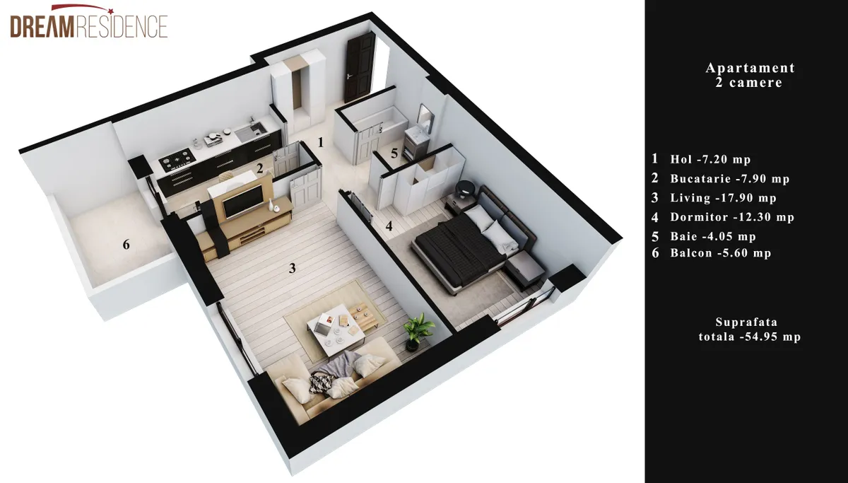 Apartament 2 camere, 56,50 mp