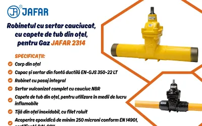 Robinet cu sertar cauciucat cu capete de tub din oțel, pentru Gaz JAFAR 2314