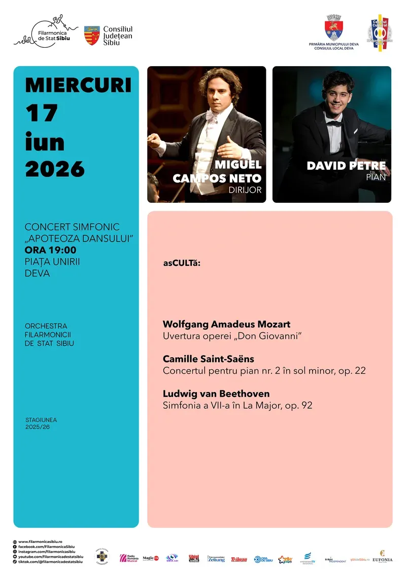 Concert simfonic „Apoteoza dansului” — Filarmonica de Stat Sibiu în Piața Unirii din Deva, 17 iunie 2026