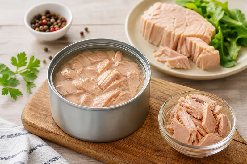 InfoCons: conservele de ton în suc propriu au 76–122 kcal și 15–27 g proteine la 100 g; fără aditivi declarați pe etichetă