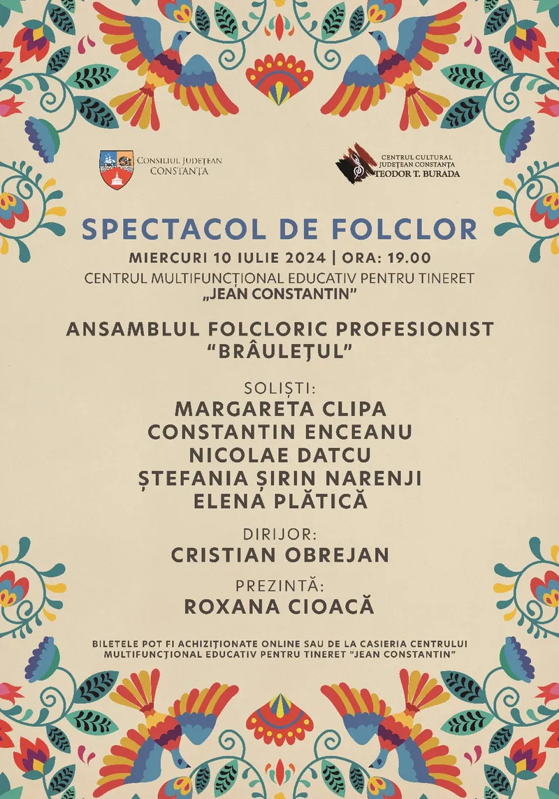 Consiliul Județean Constanța, vă invită la un regal folcloric susținut de Ansamblul Folcloric Profesionist „Brâulețul”