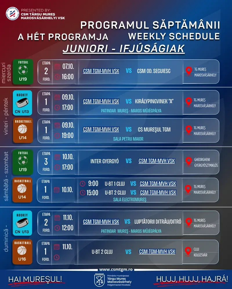 Programul săptămânal al CSM Târgu Mureș / A Marosvásárhelyi VSK heti programja
