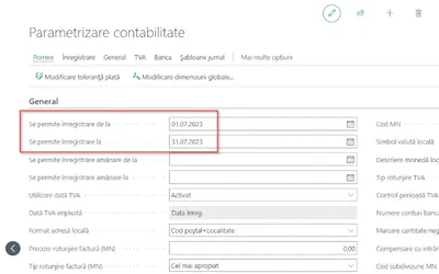 Definire perioadă înregistrare contabilitate în Business Central