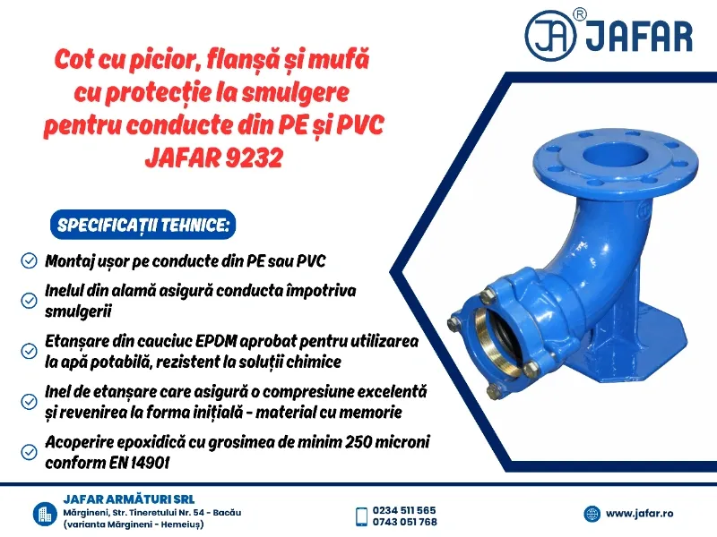 Cot cu picior, flanșă și mufă cu rezistență la smulgere pentru conducte din PE, PVC - JAFAR 9232