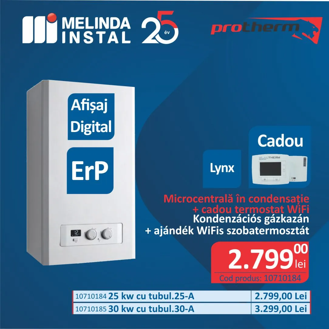 CENTRALA TERMICA MURALA CONDENSATIE PENTRU INCALZIRE SI PREPARARE ACM, INSTANT, LYNX, PROTHERM, 25 KW, CU TUBULATURA