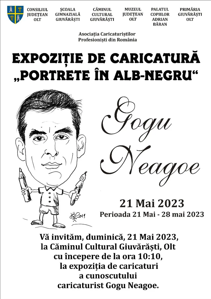 Expoziţie de caricatură Gogu Neagoe în ,,Alb si Negru\" la Giuvărăști