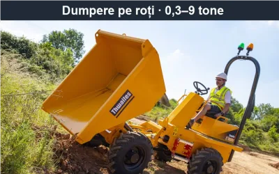 Dumpere compacte pe roți Thwaites și Bergmann pentru primării – diesel Stage V sau 100% electrice, de la 300 kg la 9 tone, cu service mobil 24/7 național