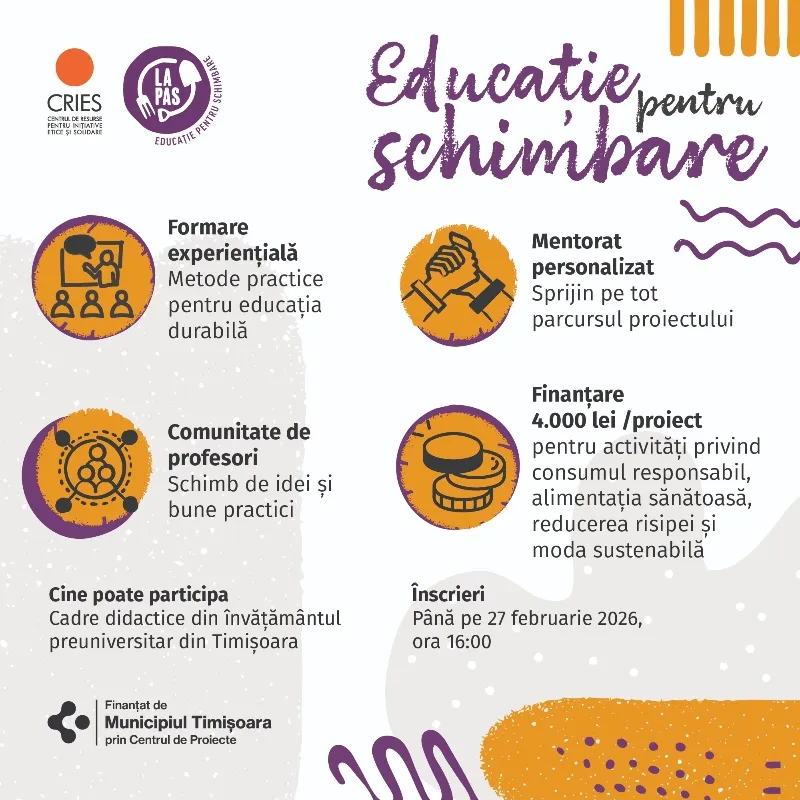 Start la înscrieri în Programul „LA PAS - Educație pentru schimbare”, ediția 2026