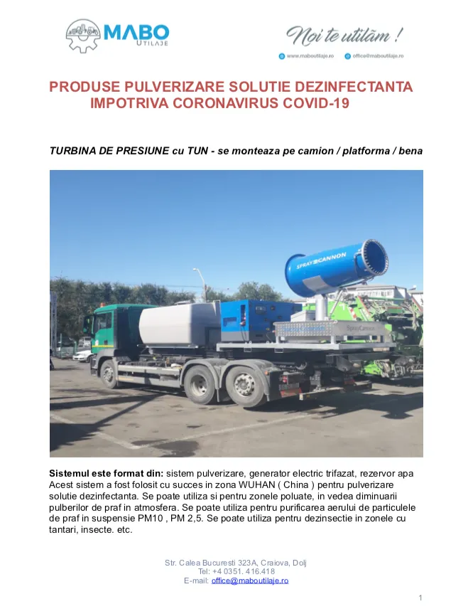 Turbina de presiune - utilaj pulverizare solutie dezinfectanta impotriva CORONAVIRUS COVID-19