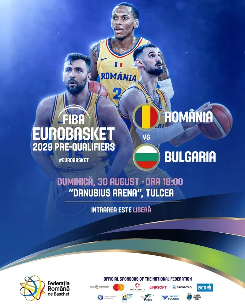Naționala de baschet a României joacă cu Bulgaria la Tulcea — 30 august 2026, intrarea liberă
