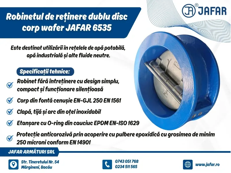 Robinet de reținere dublu disc, corp wafer JAFAR 6535