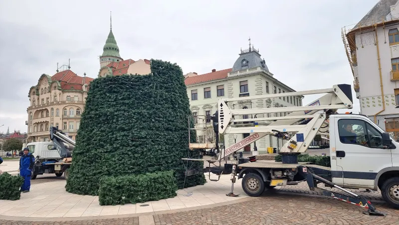 A început montarea bradului de Crăciun în Piața Unirii