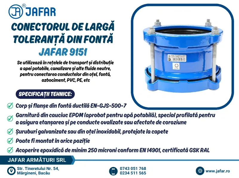 Conector, mufă de largă toleranța din fontă pentru conectare conducte JAFAR 9151