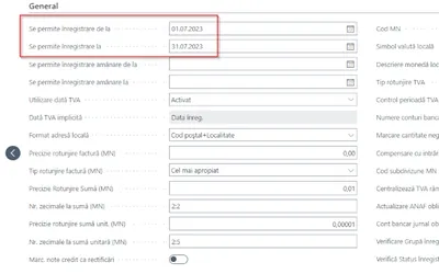 Definire perioadă înregistrare contabilitate în Business Central