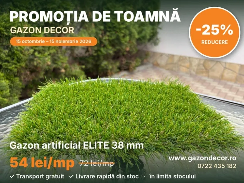 PROMOȚIA DE TOAMNĂ GAZON DECOR: -25% la gazonul artificial decorativ ELITE 38 mm. Transport gratuit și livrare rapidă din stoc