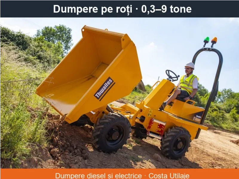 Dumpere compacte pe roți Thwaites și Bergmann pentru primării – diesel Stage V sau 100% electrice, de la 300 kg la 9 tone, cu service mobil 24/7 național