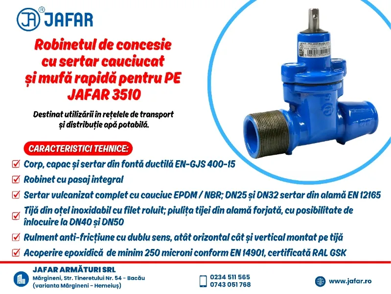 Robinet de concesie cu sertar cauciucat și mufă rapidă pentru PE JAFAR 3510