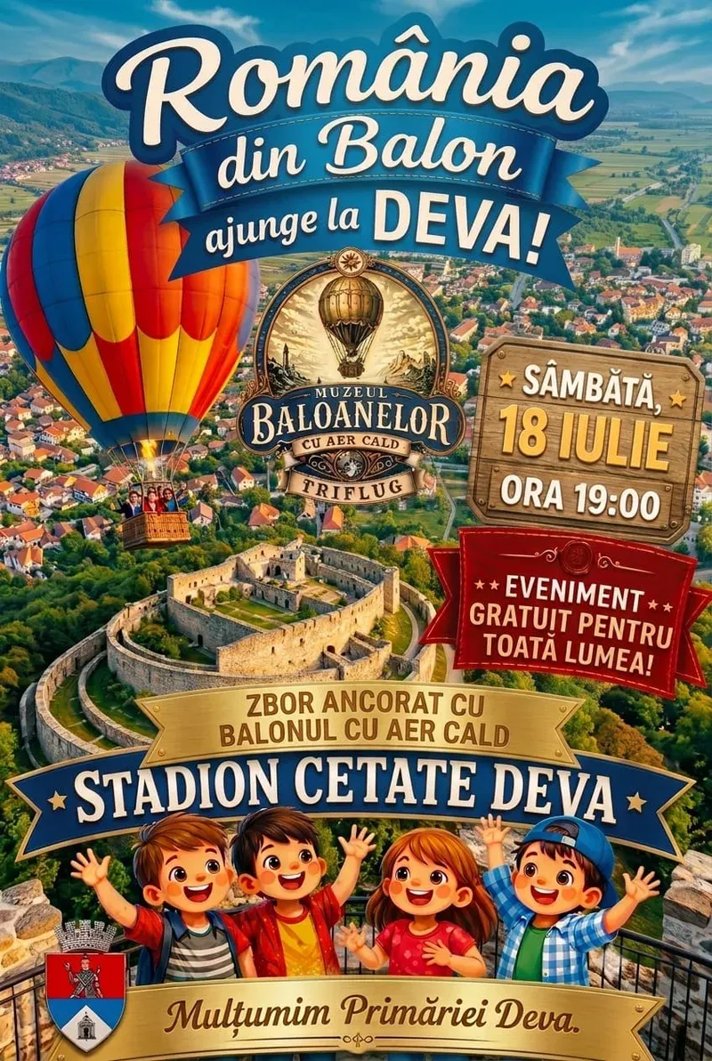 Deva: zbor ancorat cu balon gratuit și Campionatul Național de Marș și Semimaraton — 18 iulie 2026