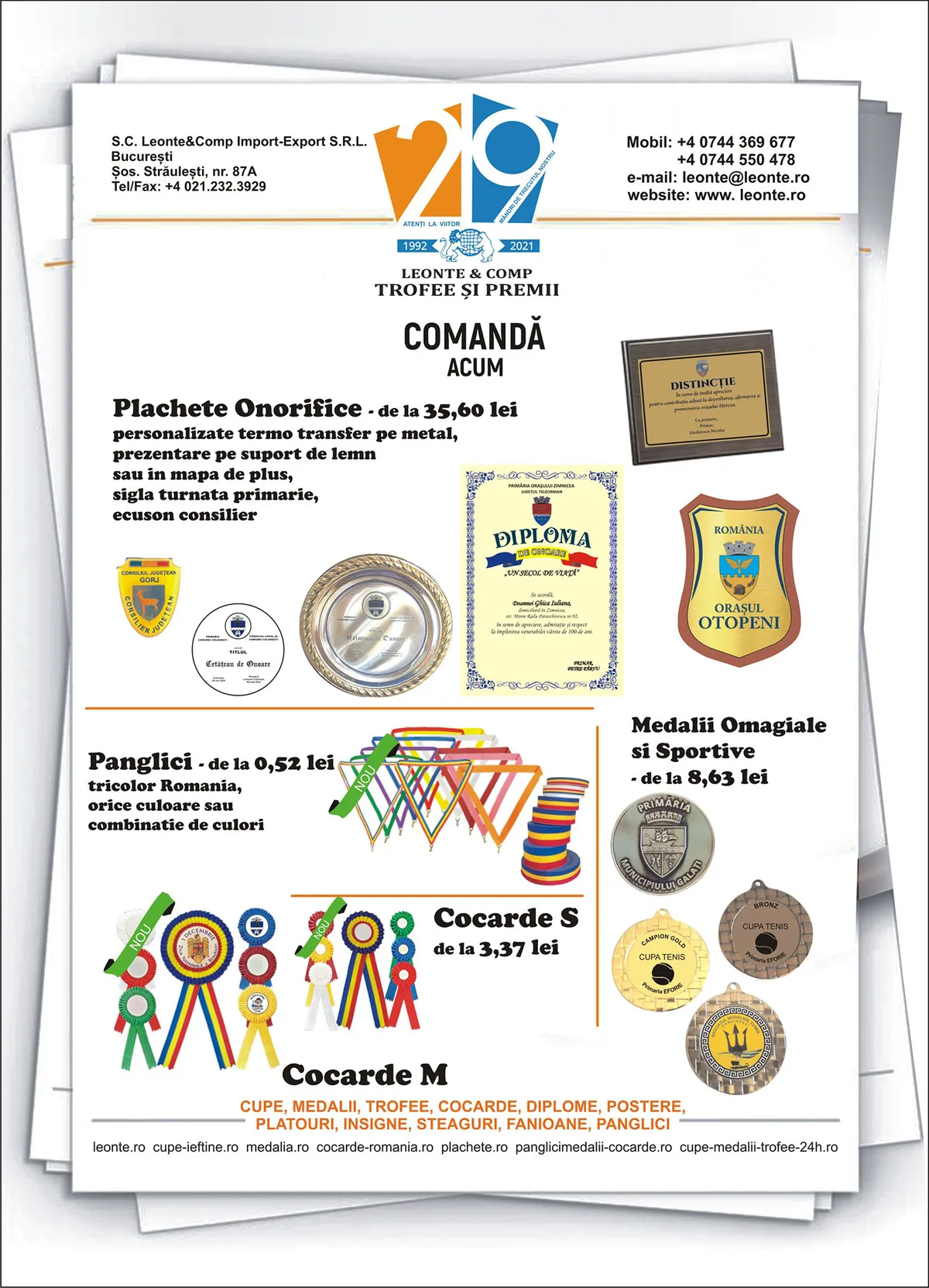 Plachete onorifice, medalii omagiale si sportive, panglici si cocarde
