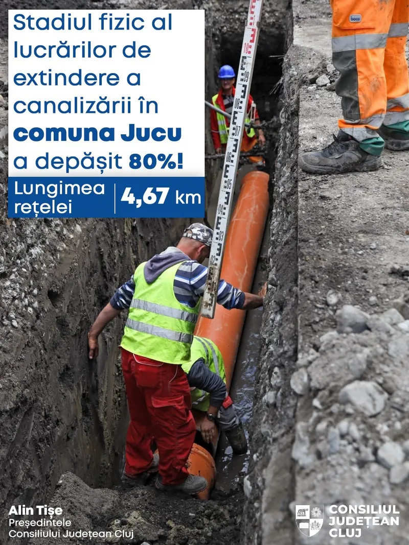 Stadiul fizic al lucrărilor de extindere a canalizării în comuna Jucu a trecut de 80%