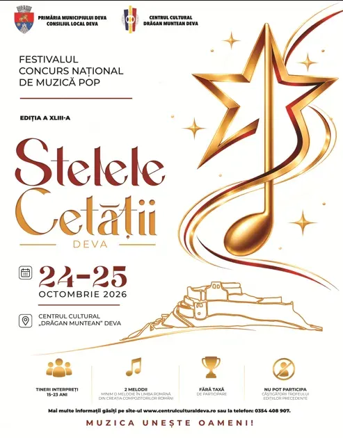 Primăria Deva și Centrul Cultural „Drăgan Muntean” anunță înscrierile la Festivalul-Concurs „Stelele Cetății” — ediția a XLIII-a (24–25 octombrie 2026)