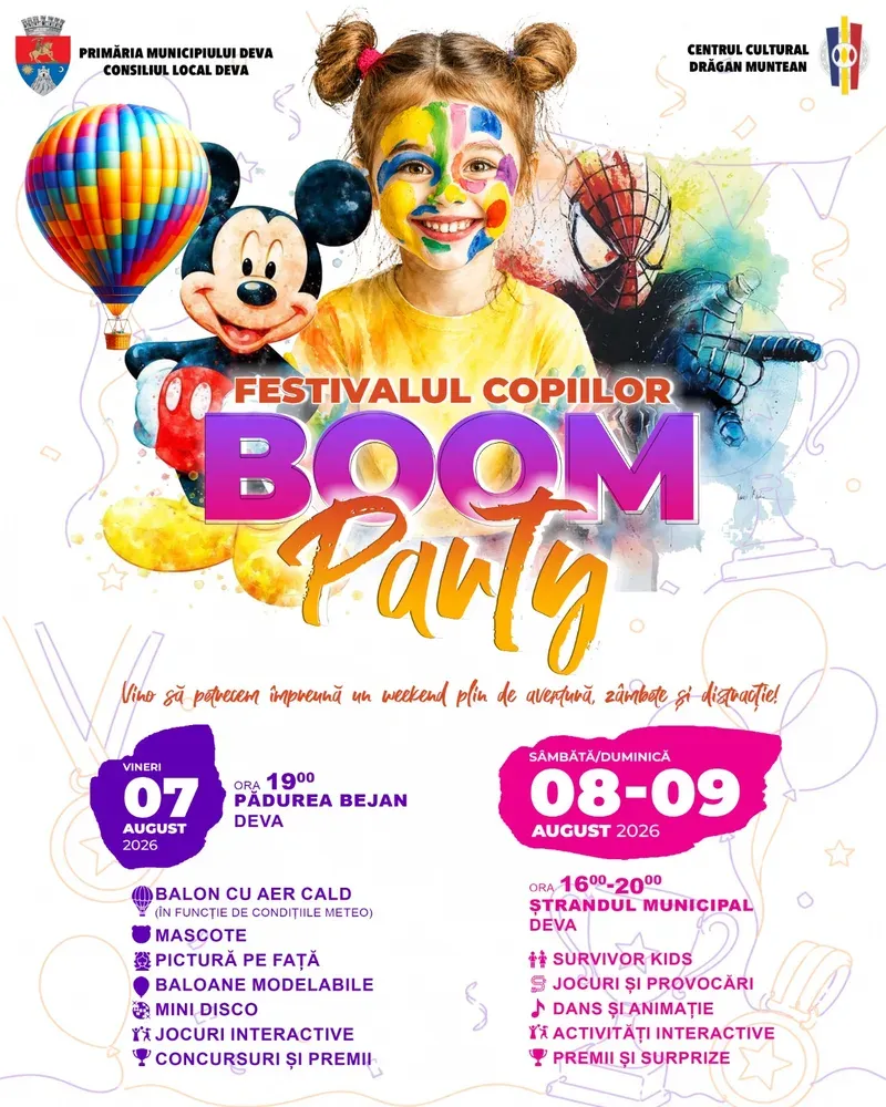 Festivalul Copiilor „Boom Party” la Deva: 7–9 august 2026, Pădurea Bejan și Ștrandul Municipal