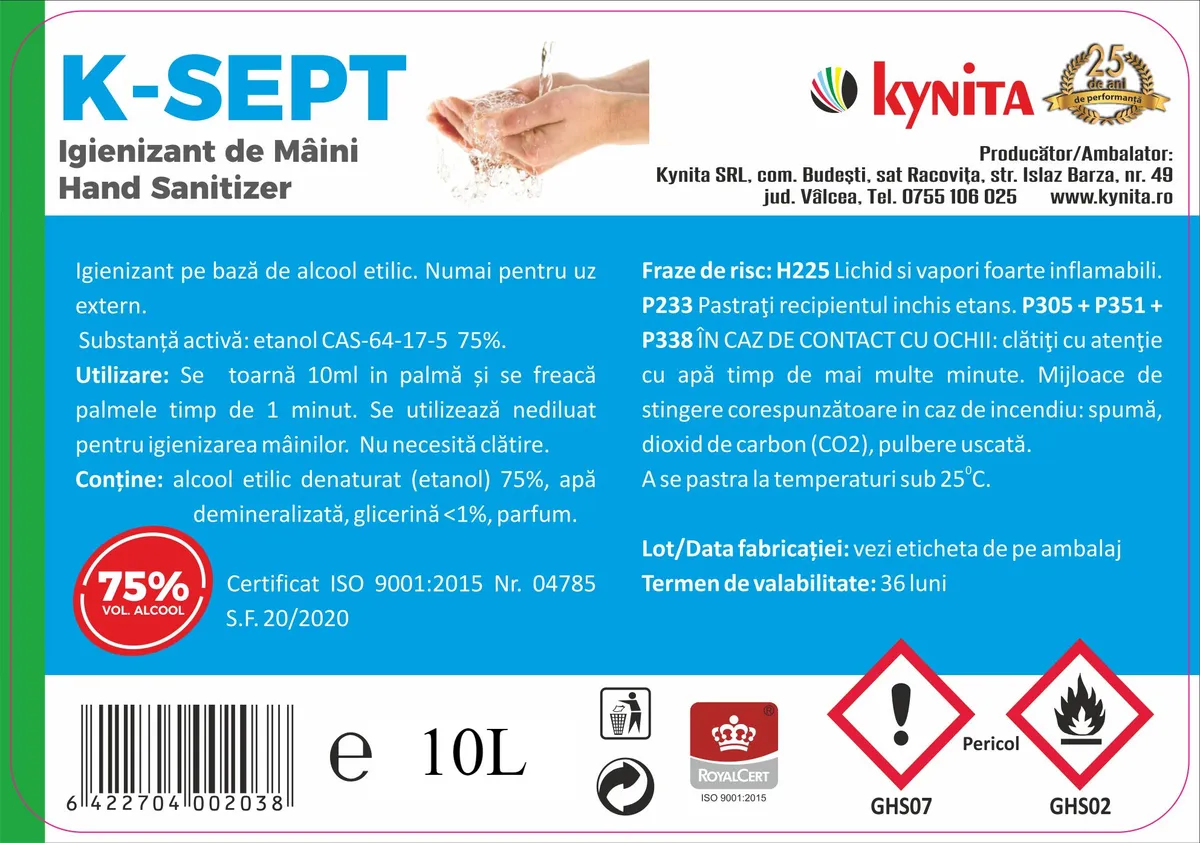 Dezinfectant/Igienizant pentru maini pe baza de etanol si glicerina - AVIZ