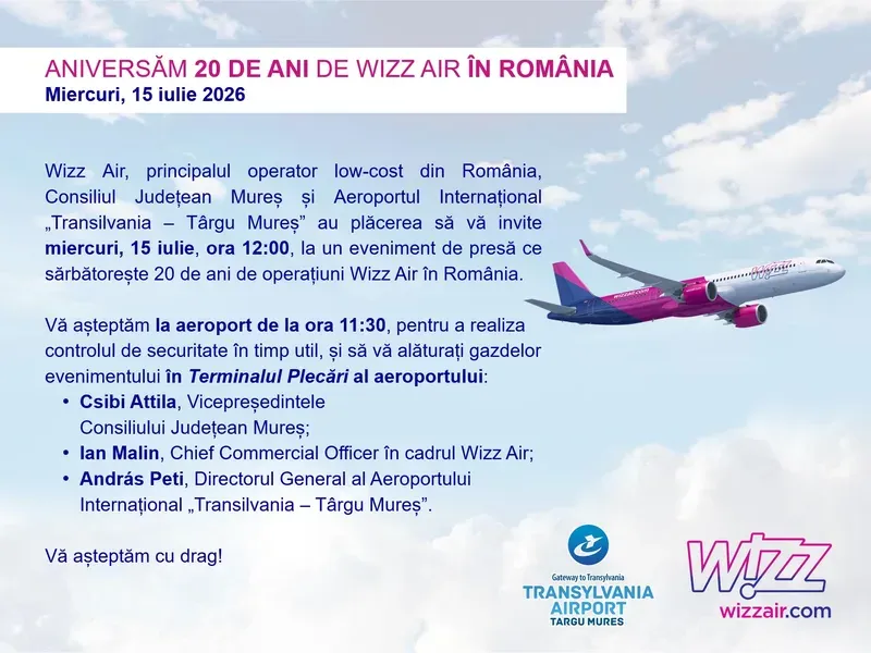 Wizz Air sărbătorește 20 de ani în România — eveniment de presă la Aeroportul Internațional „Transilvania” Târgu Mureș, 15 iulie 2026