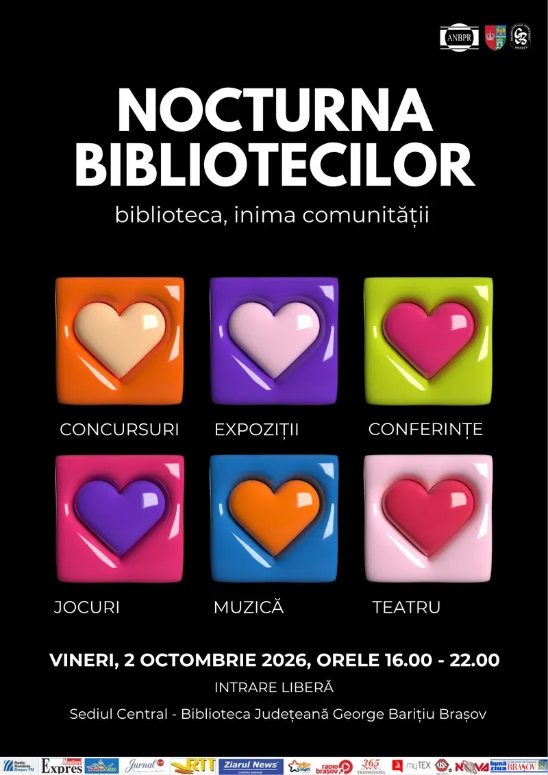 Nocturna Bibliotecilor 2026 la Brașov: „Biblioteca, inima comunității” — vineri, 2 octombrie, 16:00–22:00