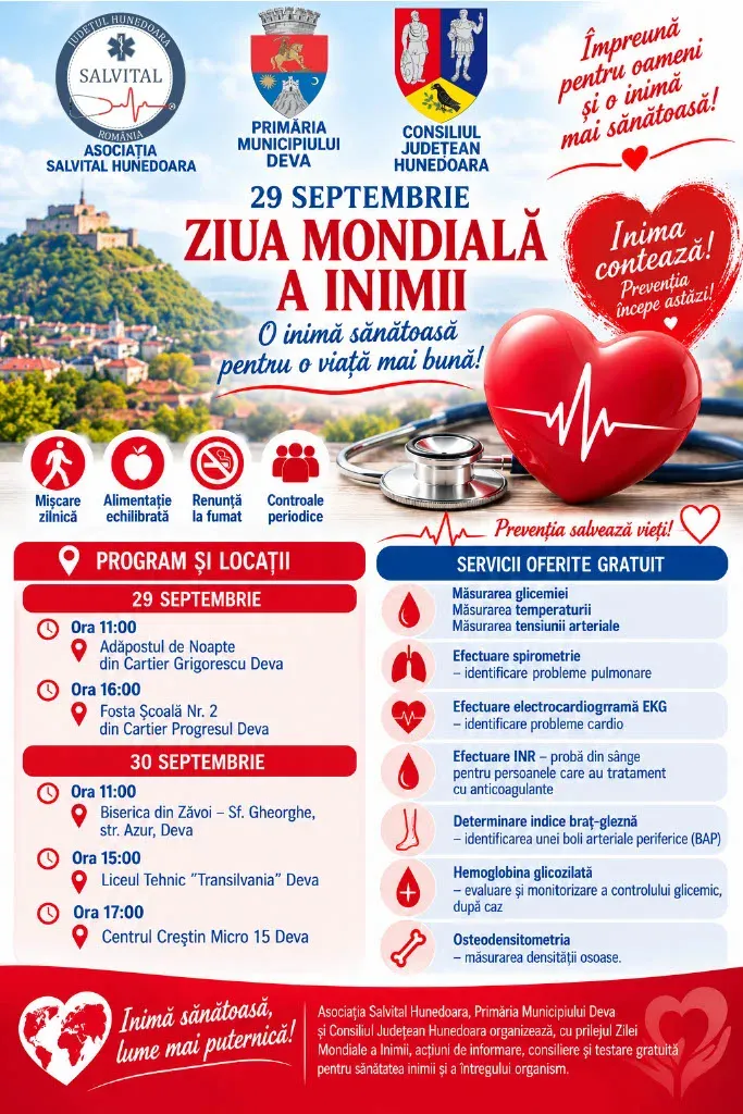 „Caravana Inimii”: evaluări medicale gratuite în municipiul Deva (29–30 septembrie 2026)