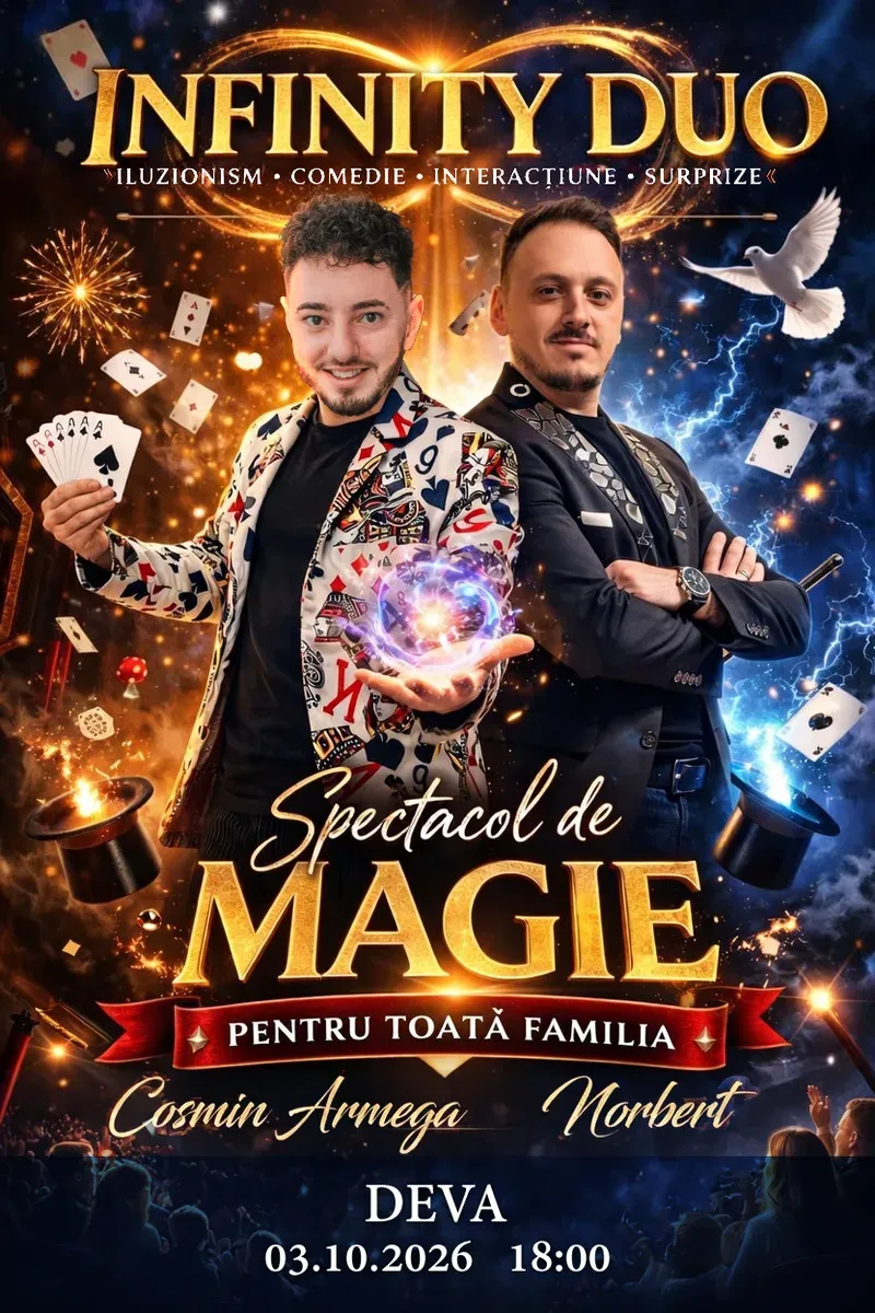 Spectacolul „INFINITY DUO” la Centrul Cultural „Drăgan Muntean” Deva — 3 octombrie 2026, ora 18:00