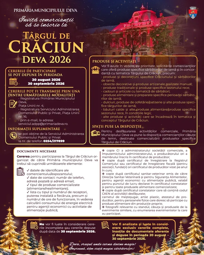 Primăria Deva invită comercianții la Târgul de Crăciun Deva 2026 (1 decembrie 2026 – 10 ianuarie 2027)