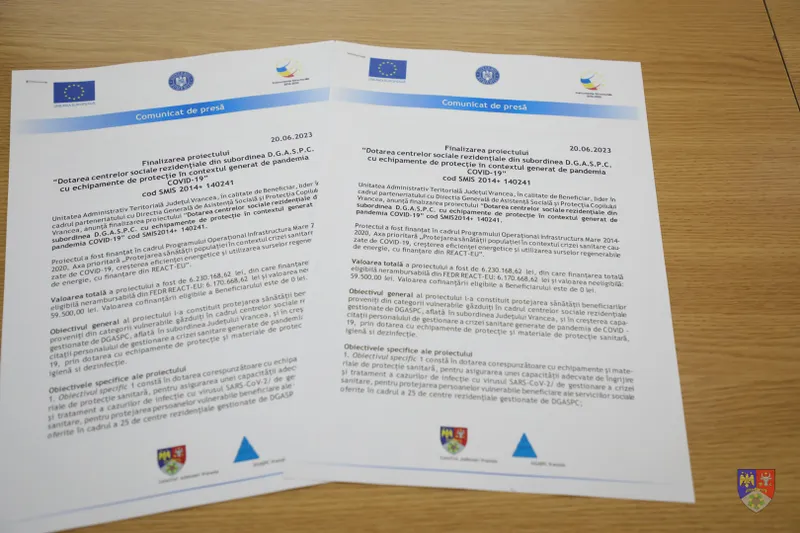 Centrele sociale de îngrijire ale DGASPC Vrancea, dotate cu echipamente și materiale de protecție sanitară, printr-un proiect cu fonduri europene