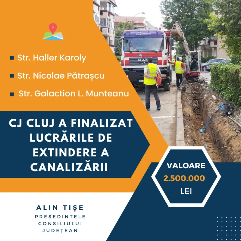 Consiliul Județean a finalizat lucrările de extindere a rețelei de canalizare pe alte trei străzi din municipiul Cluj-Napoca