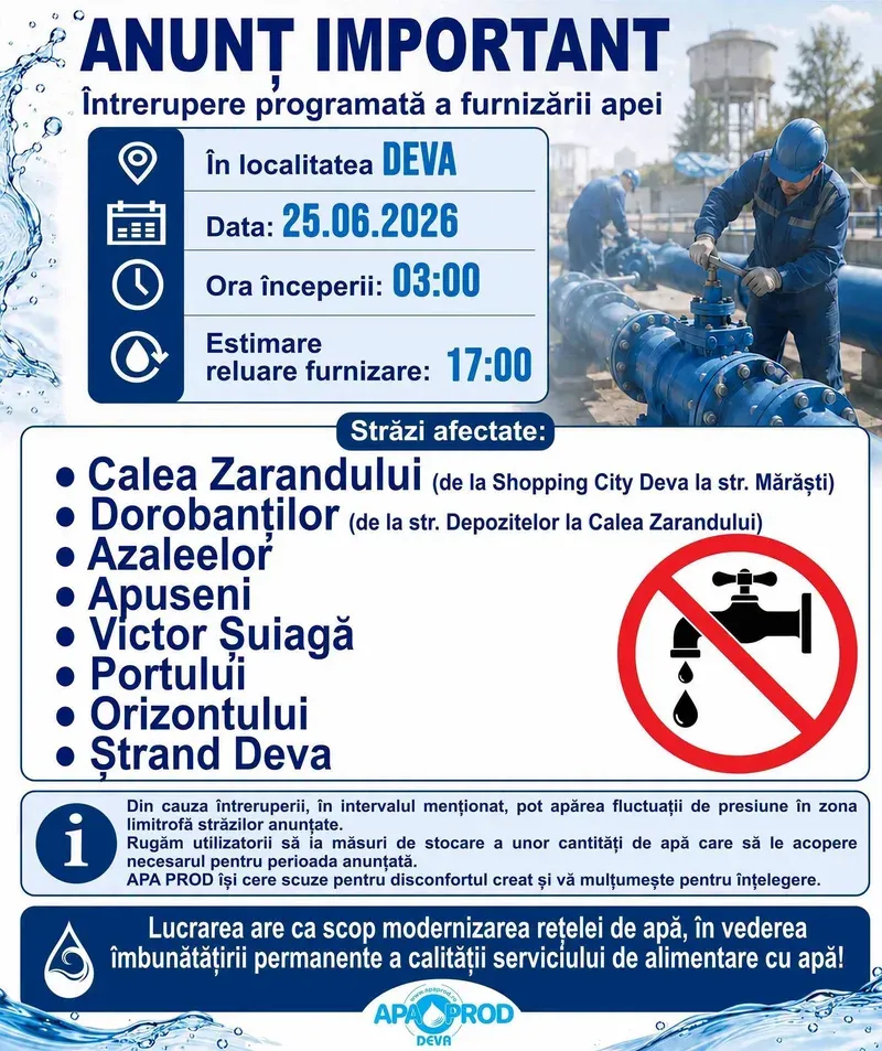 Ștrandul Municipal Deva închis joi, 25 iunie 2026, din cauza sistării furnizării apei potabile