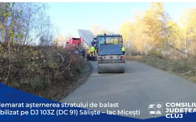 Consiliul Județean a început așternerea stratului de balast stabilizat pe DJ 103Z (DC 91) Săliște – lac Micești