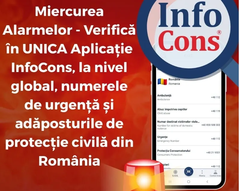 Exercițiul național Miercurea Alarmelor și aplicația InfoCons pentru numere de urgență și adăposturi