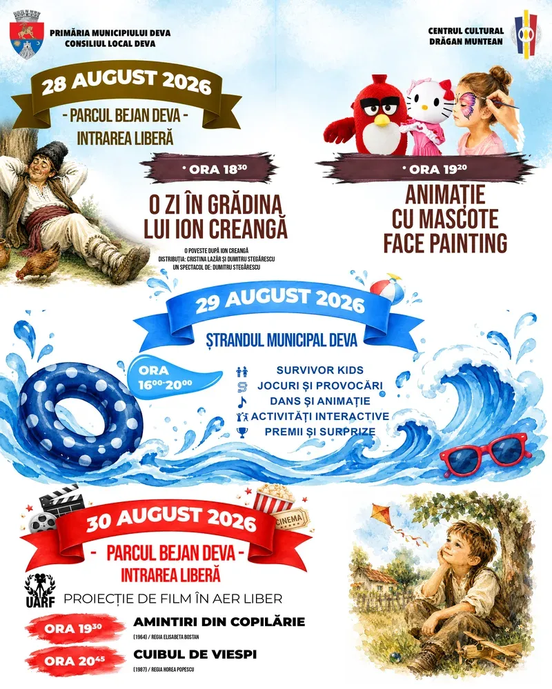 Deva: trei zile pentru copii — spectacole, jocuri și filme în aer liber (28–30 august 2026)